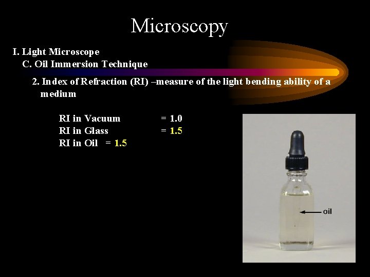 Microscopy I. Light Microscope C. Oil Immersion Technique 2. Index of Refraction (RI) –measure