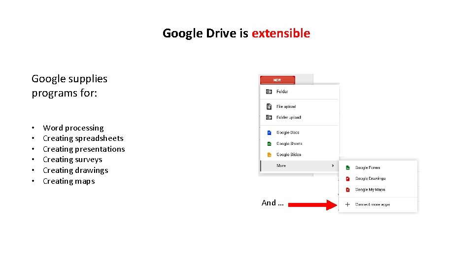 Google Drive is extensible Google supplies programs for: • • • Word processing Creating