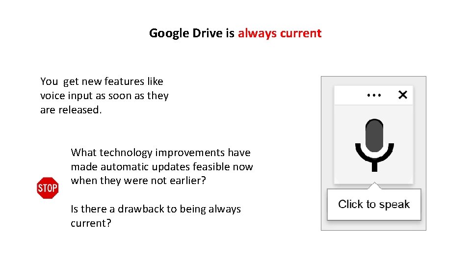 Google Drive is always current You get new features like voice input as soon