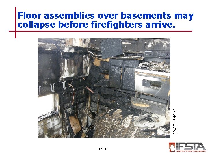 Floor assemblies over basements may collapse before firefighters arrive. Courtesy of NIST 17– 37