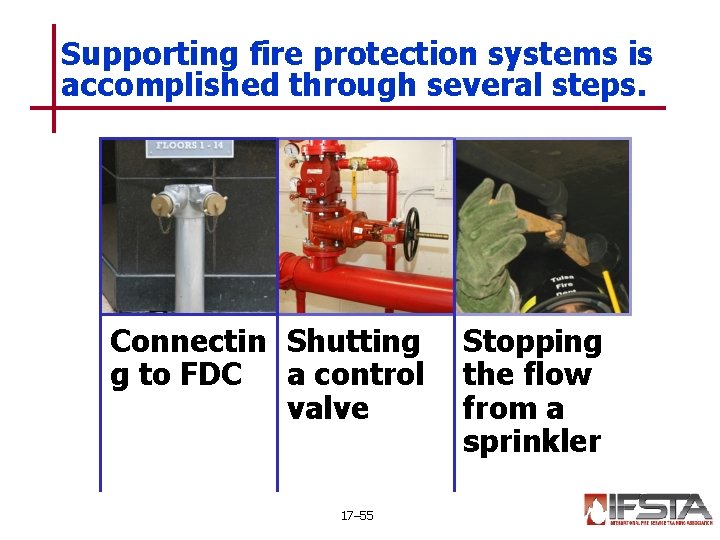 Supporting fire protection systems is accomplished through several steps. Connectin Shutting g to FDC