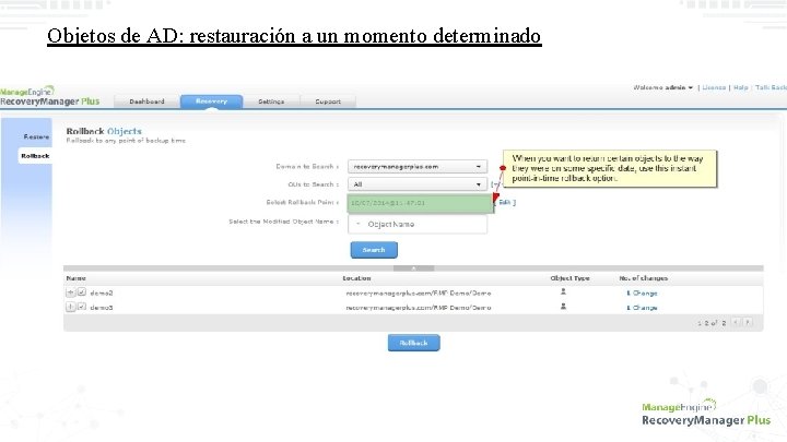Objetos de AD: restauración a un momento determinado 