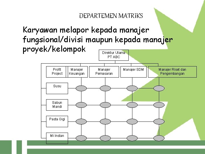 DEPARTEMEN MATRIKS Karyawan melapor kepada manajer fungsional/divisi maupun kepada manajer proyek/kelompok Direktur Utama PT