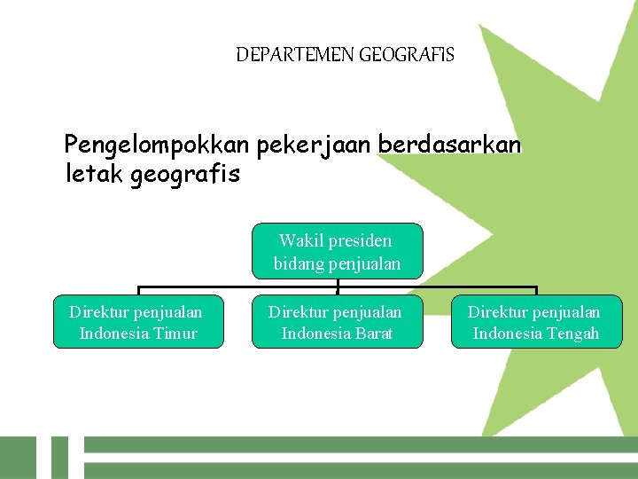 DEPARTEMEN GEOGRAFIS Pengelompokkan pekerjaan berdasarkan letak geografis Wakil presiden bidang penjualan Direktur penjualan Indonesia