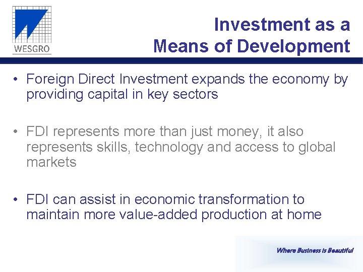 Investment as a Means of Development • Foreign Direct Investment expands the economy by