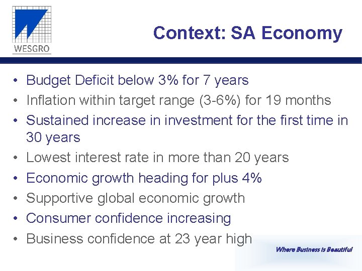 Context: SA Economy • Budget Deficit below 3% for 7 years • Inflation within