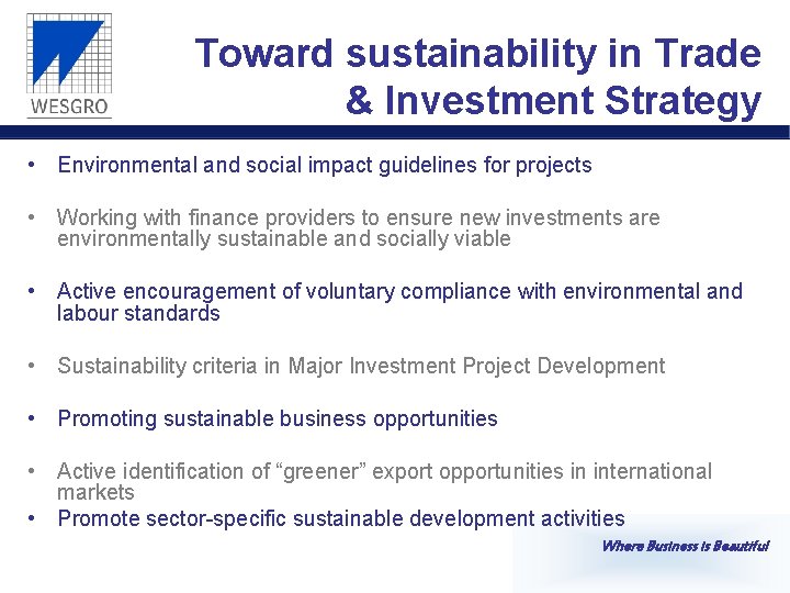 Toward sustainability in Trade & Investment Strategy • Environmental and social impact guidelines for