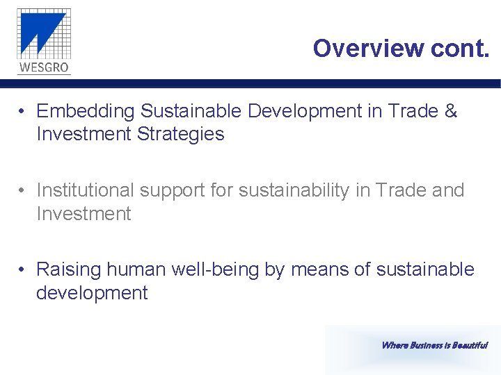 Overview cont. • Embedding Sustainable Development in Trade & Investment Strategies • Institutional support