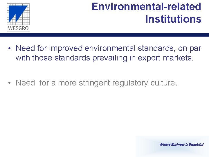 Environmental-related Institutions • Need for improved environmental standards, on par with those standards prevailing