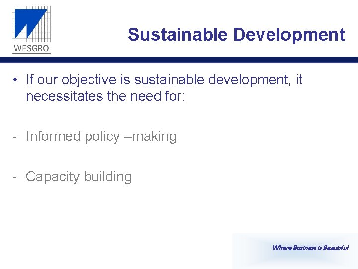 Sustainable Development • If our objective is sustainable development, it necessitates the need for: