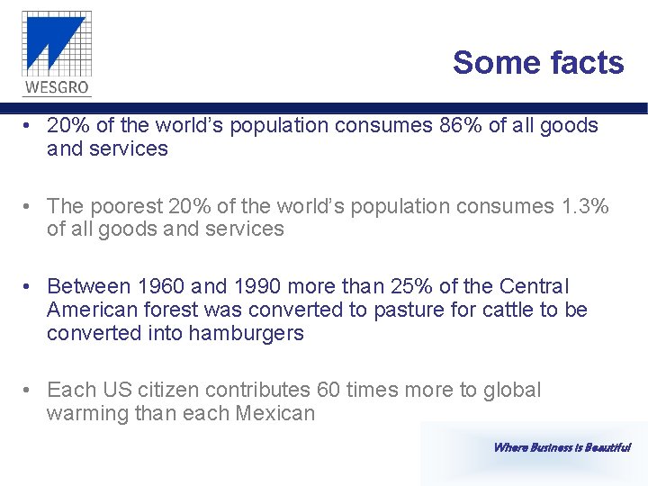 Some facts • 20% of the world’s population consumes 86% of all goods and