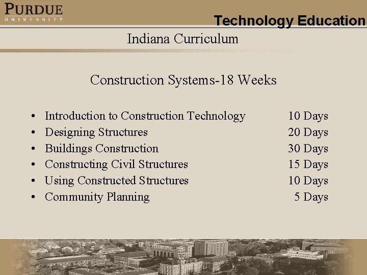 Technology Education Indiana Curriculum Construction Systems-18 Weeks • • • Introduction to Construction Technology