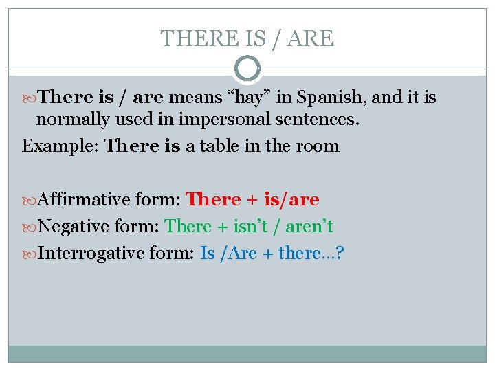 THERE IS / ARE There is / are means “hay” in Spanish, and it