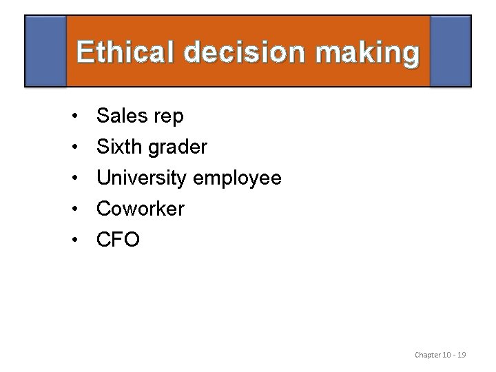 Ethical decision making • • • Sales rep Sixth grader University employee Coworker CFO