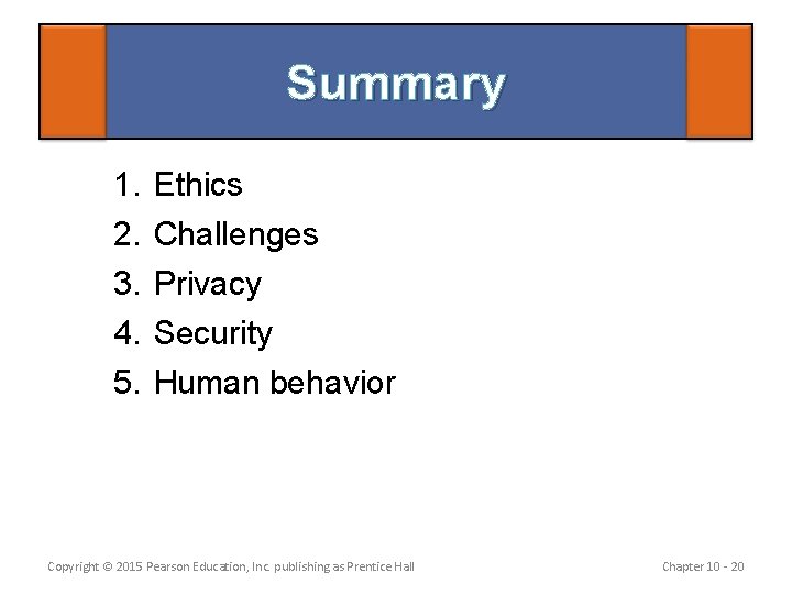 Summary 1. 2. 3. 4. 5. Ethics Challenges Privacy Security Human behavior Copyright ©