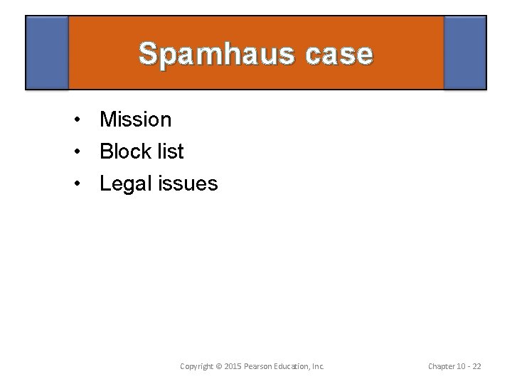 Spamhaus case • Mission • Block list • Legal issues Copyright © 2015 Pearson
