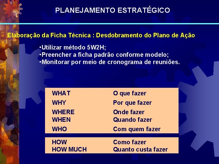 PLANEJAMENTO ESTRATÉGICO Elaboração da Ficha Técnica : Desdobramento do Plano de Ação • Utilizar