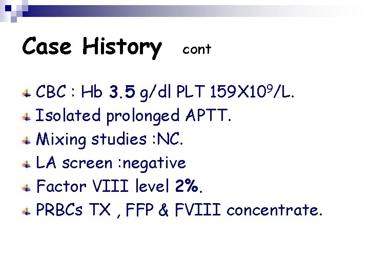 Case History cont CBC : Hb 3. 5 g/dl PLT 159 X 109/L. Isolated