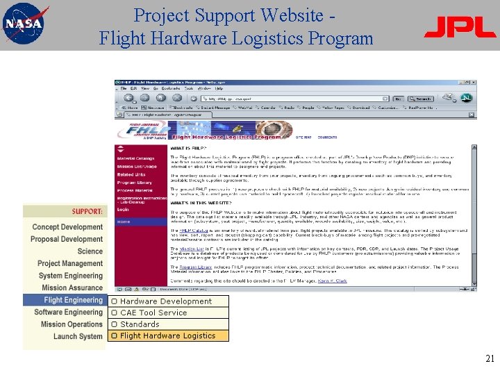 Project Support Website Flight Hardware Logistics Program 21 