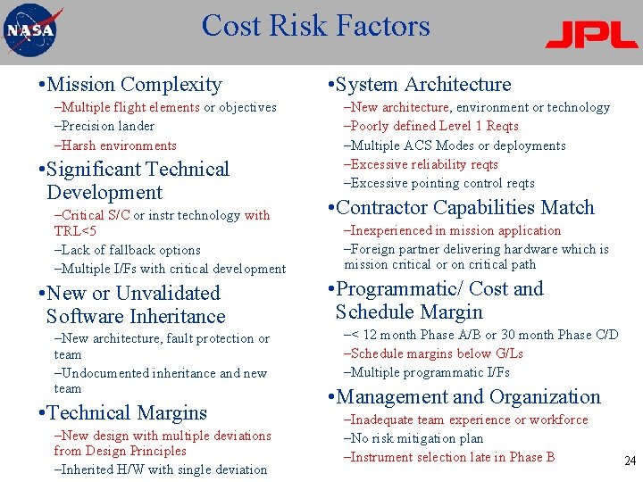Cost Risk Factors • Mission Complexity –Multiple flight elements or objectives –Precision lander –Harsh