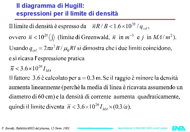 Il diagramma di Hugill: espressioni per il limite di densità P. Buratti, Stabilità MHD