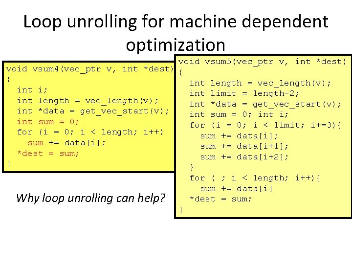 Loop unrolling for machine dependent optimization void vsum 5(vec_ptr v, int *dest) void vsum