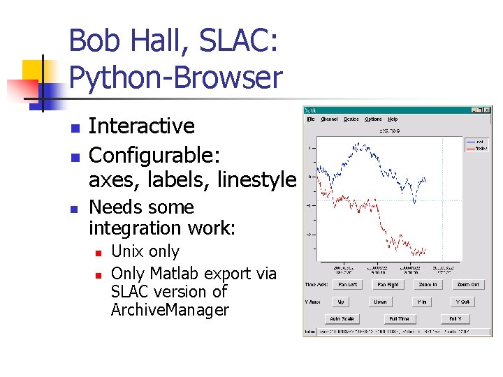 Bob Hall, SLAC: Python-Browser n n n Interactive Configurable: axes, labels, linestyle Needs some