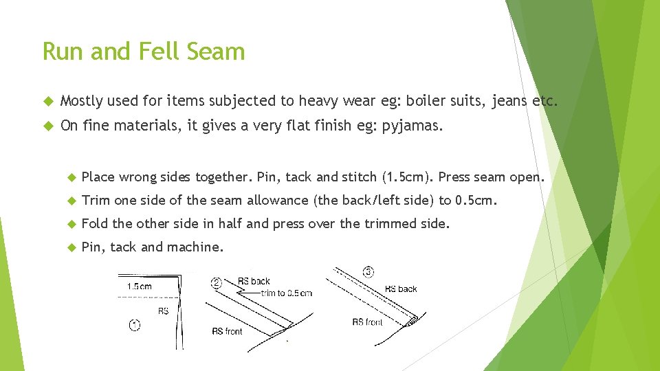 Run and Fell Seam Mostly used for items subjected to heavy wear eg: boiler