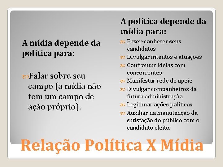 A política depende da mídia para: A mídia depende da política para: Falar sobre