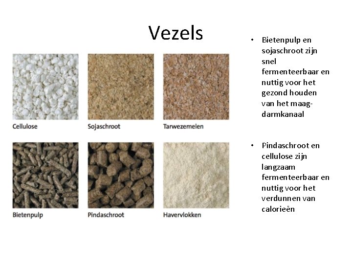 Vezels • Bietenpulp en sojaschroot zijn snel fermenteerbaar en nuttig voor het gezond houden