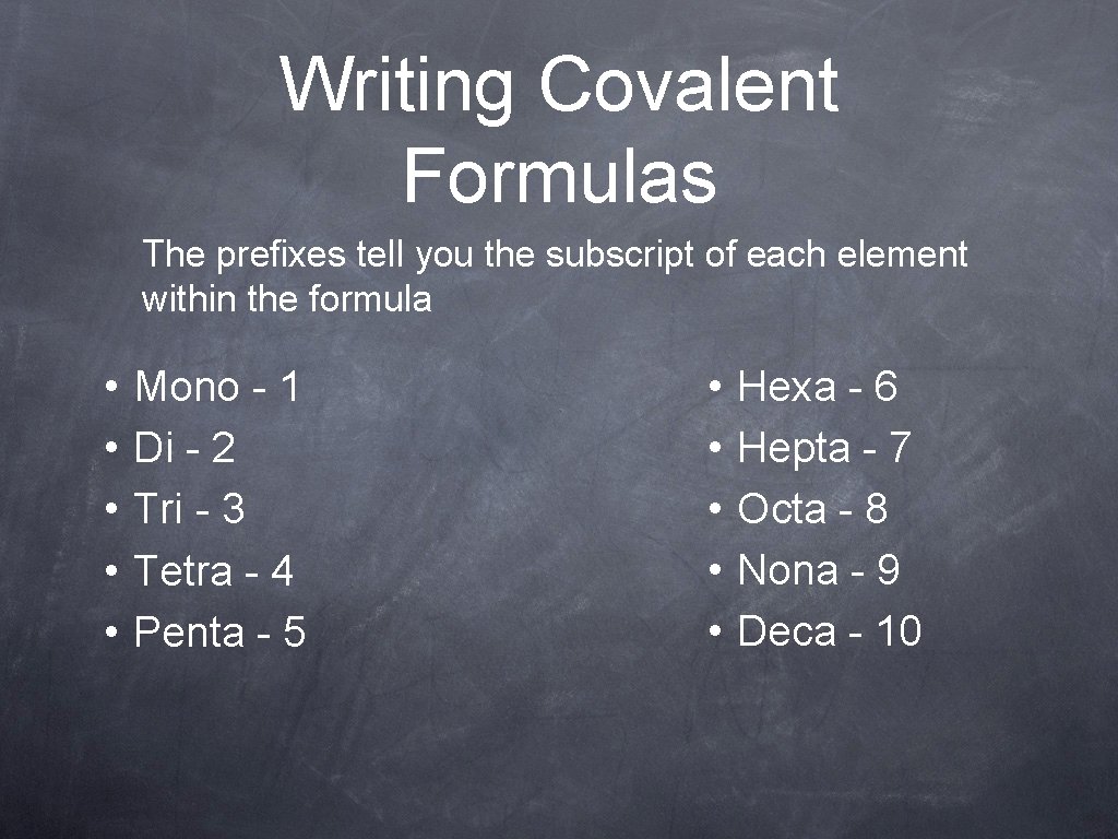 Writing Covalent Formulas The prefixes tell you the subscript of each element within the