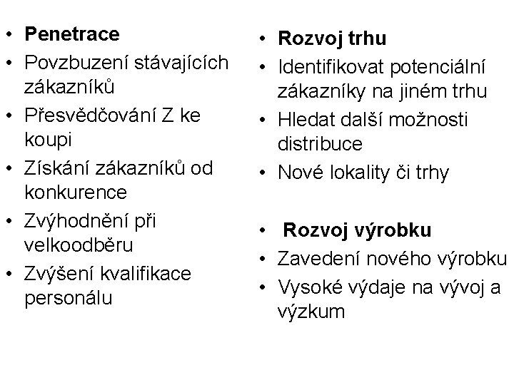  • Penetrace • Povzbuzení stávajících zákazníků • Přesvědčování Z ke koupi • Získání