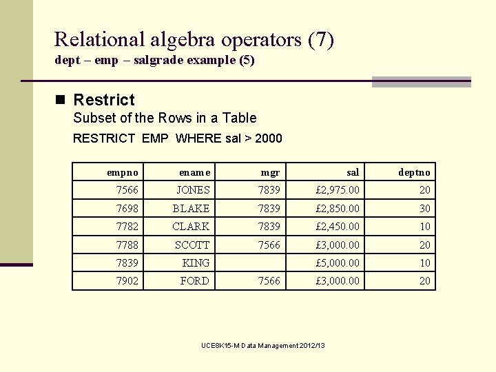 Relational algebra operators (7) dept – emp – salgrade example (5) n Restrict Subset