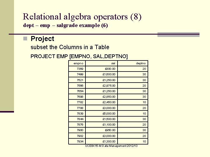 Relational algebra operators (8) dept – emp – salgrade example (6) n Project subset
