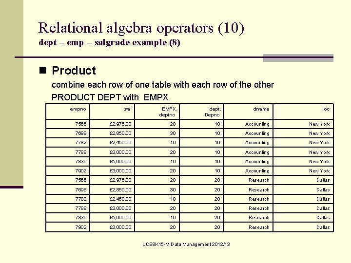 Relational algebra operators (10) dept – emp – salgrade example (8) n Product combine