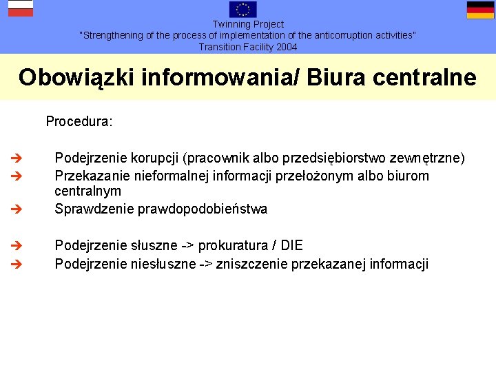 Twinning Project “Strengthening of the process of implementation of the anticorruption activities” Transition Facility