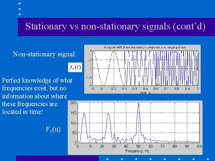 Stationary vs non-stationary signals (cont’d) Non-stationary signal: Perfect knowledge of what frequencies exist, but