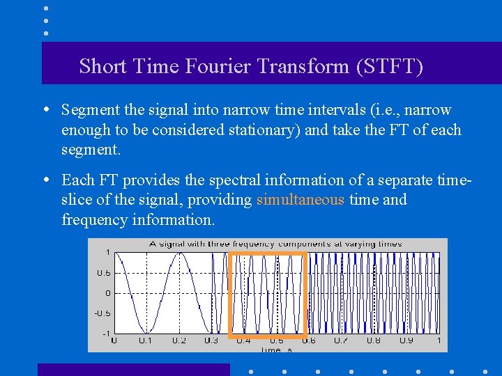 Short Time Fourier Transform (STFT) Segment the signal into narrow time intervals (i. e.