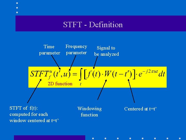 STFT - Definition Time parameter Frequency parameter Signal to be analyzed 2 D function