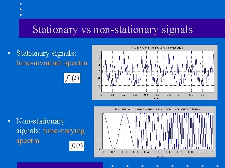 Stationary vs non-stationary signals • Stationary signals: time-invariant spectra • Non-stationary signals: time-varying spectra