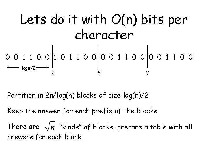 Lets do it with O(n) bits per character 0 0 1 1 0 0