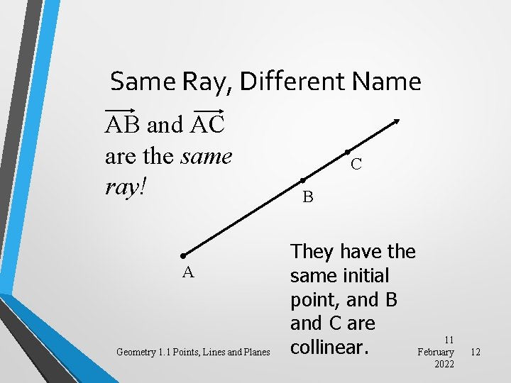 Same Ray, Different Name AB and AC are the same ray! A Geometry 1.