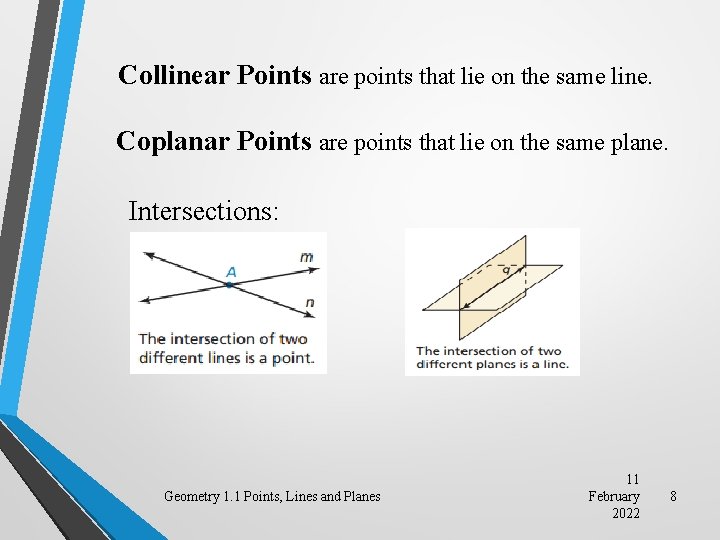 Collinear Points are points that lie on the same line. Coplanar Points are points