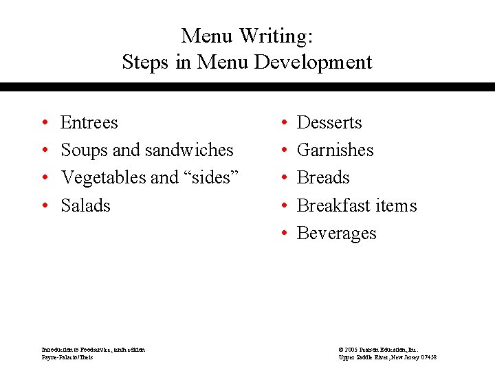 Menu Writing: Steps in Menu Development • • Entrees Soups and sandwiches Vegetables and