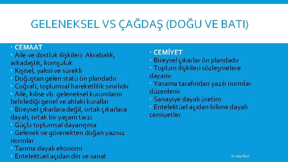 GELENEKSEL VS ÇAĞDAŞ (DOĞU VE BATI) CEMAAT Aile ve dostluk ilişkileri: Akrabalık, arkadaşlık, komşuluk