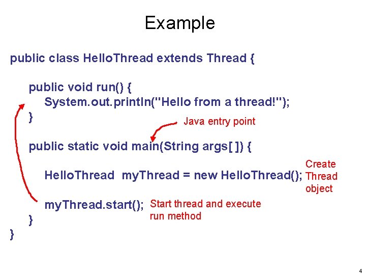 Example public class Hello. Thread extends Thread { public void run() { System. out.
