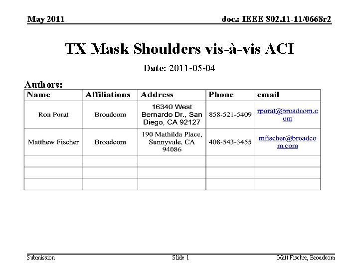 May 2011 doc. : IEEE 802. 11 -11/0668 r 2 TX Mask Shoulders vis-à-vis