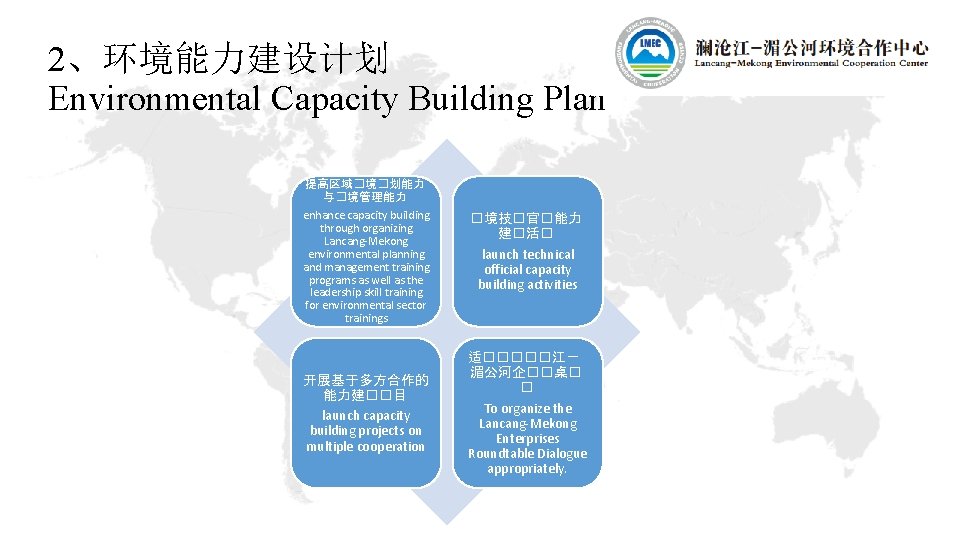 2、环境能力建设计划 Environmental Capacity Building Plan 提高区域�境�划能力 与�境管理能力 enhance capacity building through organizing Lancang-Mekong environmental
