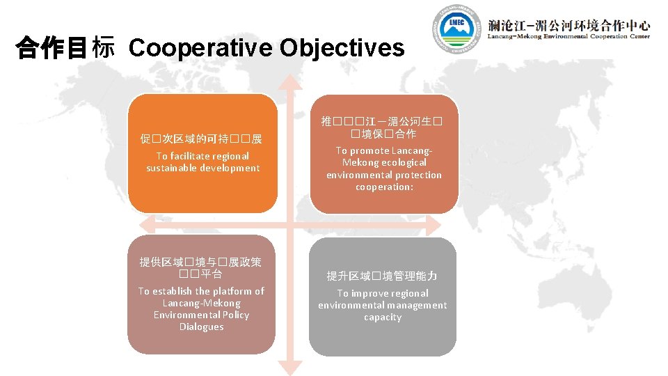 合作目标 Cooperative Objectives 促�次区域的可持��展 To facilitate regional sustainable development 推���江－湄公河生� �境保�合作 To promote Lancang.