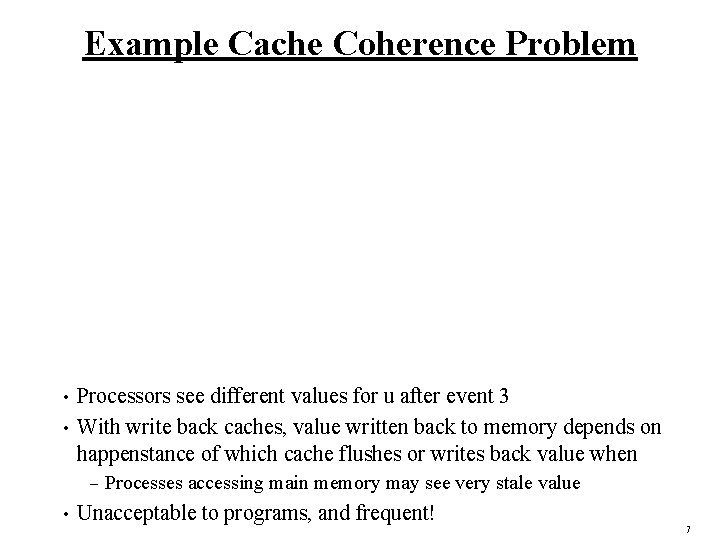 Example Cache Coherence Problem Processors see different values for u after event 3 •